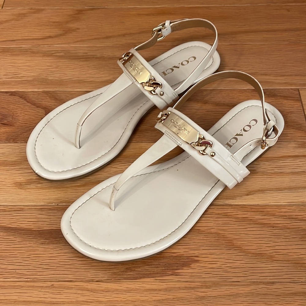 Coach Caterine Logo Hardware Patent Leather Flat Sandals - White - Size 8.5